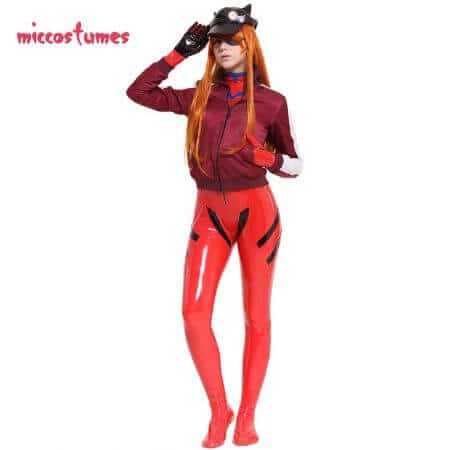 Asuka Langley Sohryu Cosplay Costume Red Bodysuit Jumpsuit Coat Jacket Hat Woman Outfit 2
