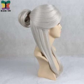 HAIR SW Long Straight Synthetic Hair Game Witcher Cosplay Wigs Silver Gray braid with bun wig For cosplayer 1