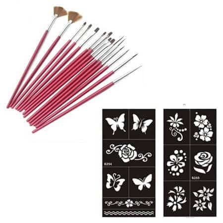 15PCS Face Body Paint Brushes With Henna Stencils Set Professional Nylon Hair Painting Nail Brush For Body Art Tattoo Templates 2