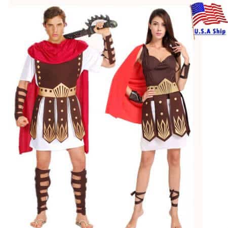 Umorden Halloween Purim Adult Ancient Roman Greek Warrior Gladiator Costume Knight Julius Caesar Costumes for Men Women Couple
