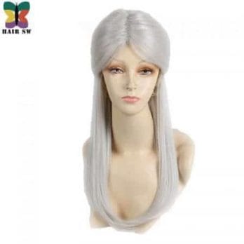 HAIR SW Long Straight Synthetic Hair Game Witcher Cosplay Wigs Silver Gray braid with bun wig For cosplayer