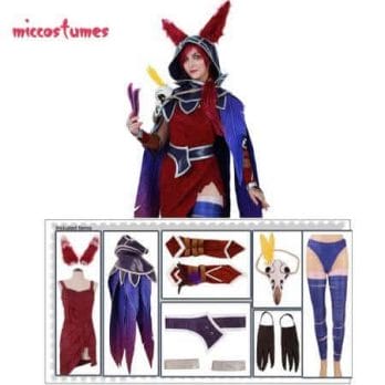 Xayah Cosplay Costume Woman The Rebel Halloween Outfit with Ears, Bird feet covers and Skull decoration 2