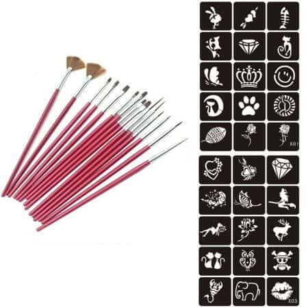 15PCS Face Body Paint Brushes With Henna Stencils Set Professional Nylon Hair Painting Nail Brush For Body Art Tattoo Templates