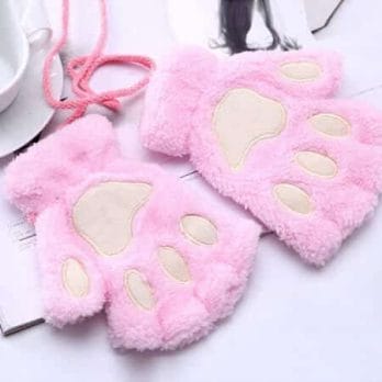 1 Pair Women Girls Lovely Fluffy Bear Cat Plush Paw Claw Half Finger Gloves Mitten Winter Warm Fingerless Gloves Xew 2
