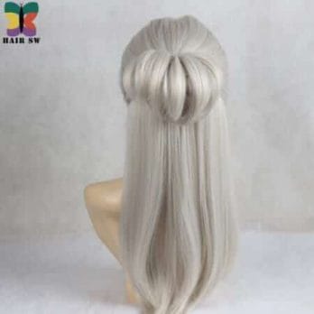 HAIR SW Long Straight Synthetic Hair Game Witcher Cosplay Wigs Silver Gray braid with bun wig For cosplayer 3