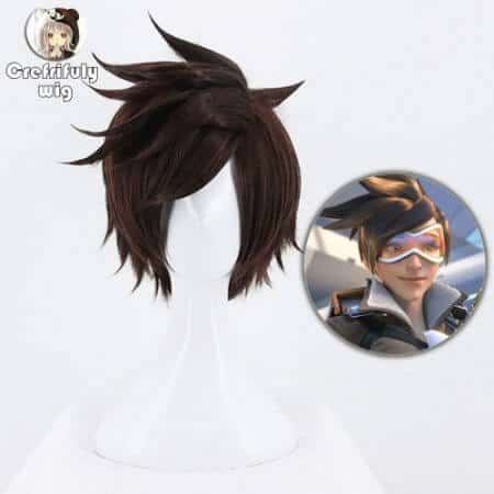 Game OW Overwatch Tracer Short Brown Cosplay Wig Synthetic Halloween Costume Party Stage Play Brown Hair Wigs