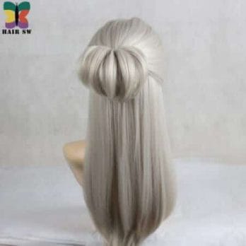HAIR SW Long Straight Synthetic Hair Game Witcher Cosplay Wigs Silver Gray braid with bun wig For cosplayer 2