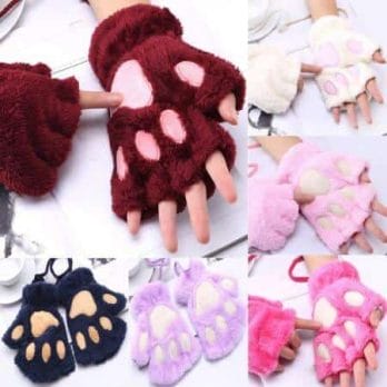 1 Pair Women Girls Lovely Fluffy Bear Cat Plush Paw Claw Half Finger Gloves Mitten Winter Warm Fingerless Gloves Xew 5