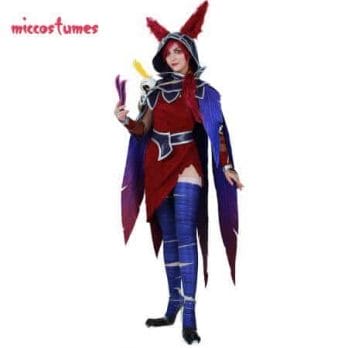 Xayah Cosplay Costume Woman The Rebel Halloween Outfit with Ears, Bird feet covers and Skull decoration 1