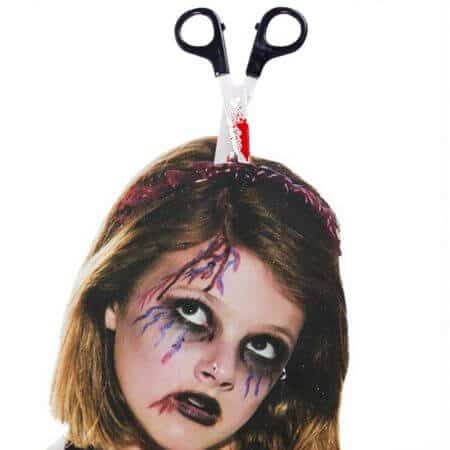 Halloween prop headband with knife, axe, syringe or scissors 17