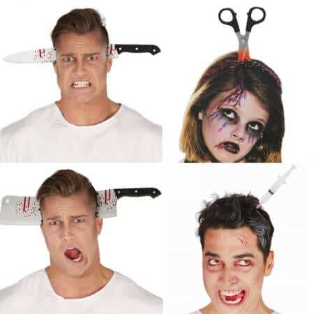 Halloween prop headband with knife, axe, syringe or scissors 14
