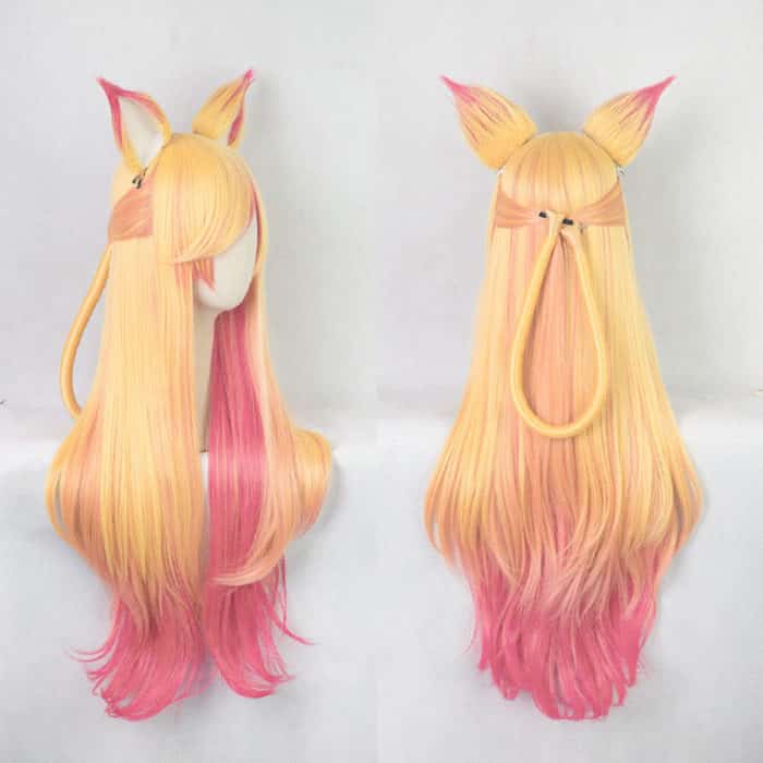 100cm LOL Ahri Gumiho Wigs Star Guardian the Nine Tailed Fox Cosplay Costume Wig + Wig Cap + Ears 2