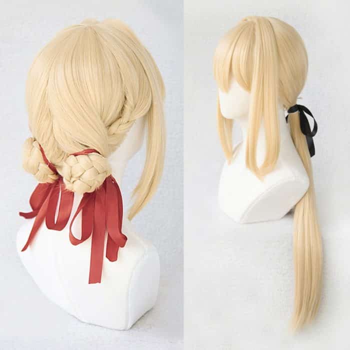 Violet Evergarden Ponytail Braid Buns Blonde Hair Heat Resistant Cosplay Costume Wig + Wig Cap + Ribbon 1