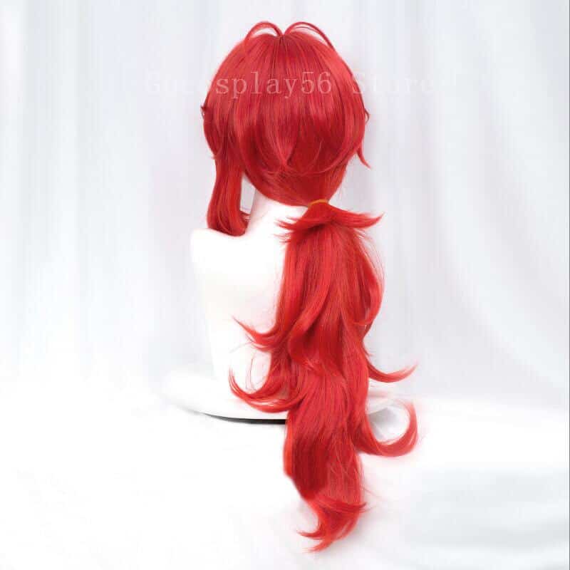 Genshin Impact Diluc Wig Cosplay Red Long Curly Ponytail Heat Resistant Hair Adult Halloween Role Play 2