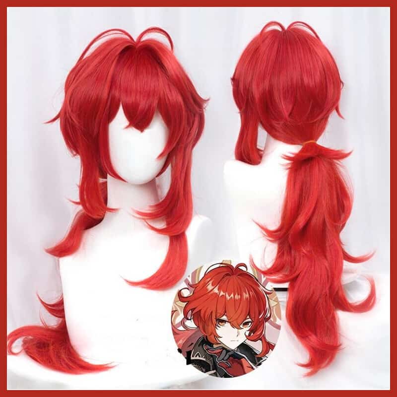 Genshin Impact Diluc Wig Cosplay Red Long Curly Ponytail Heat Resistant Hair Adult Halloween Role Play 1