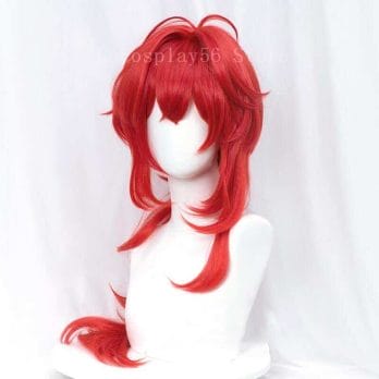 Genshin Impact Diluc Wig Cosplay Red Long Curly Ponytail Heat Resistant Hair Adult Halloween Role Play 4