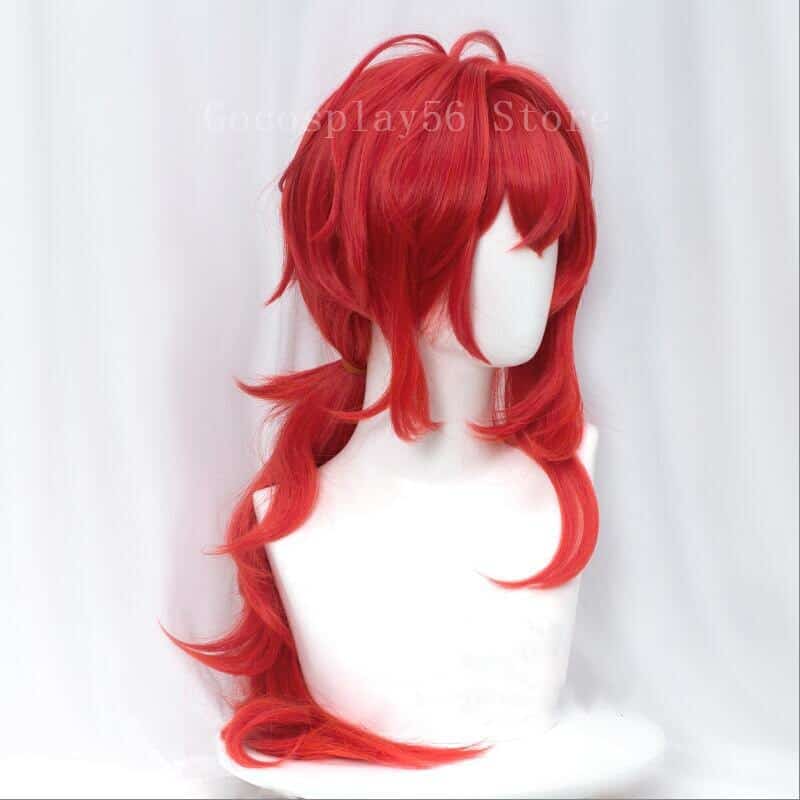 Genshin Impact Diluc Wig Cosplay Red Long Curly Ponytail Heat Resistant Hair Adult Halloween Role Play 3