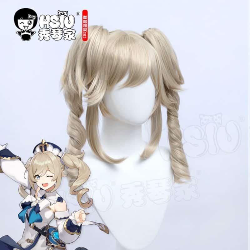 HSIU Genshin Impact Barbara cosplay Wig Milk coffee Double ponytail short hair Heat Re sistant Synthetic Hair+Free gift wig cap 2