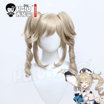 HSIU Genshin Impact Barbara cosplay Wig Milk coffee Double ponytail short hair Heat Re sistant Synthetic Hair+Free gift wig cap 1
