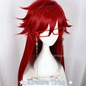 Kuroshitsuji Black Butler Grell Sutcliff Red Long Straight Heat Resistant Hair Cosplay Costume Wig + Skull Chain Glasses 2