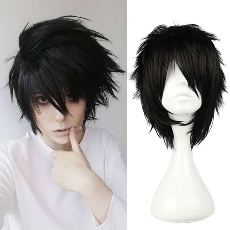 Anime Death Note L Cos Wig Mens L.Lawliet Short Black Heat Resistant Hair Pelucas Cosplay Costume Wigs + Wig Cap 1