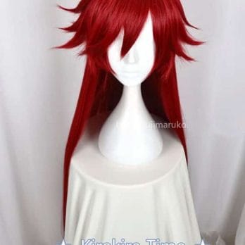Kuroshitsuji Black Butler Grell Sutcliff Red Long Straight Heat Resistant Hair Cosplay Costume Wig + Skull Chain Glasses 3
