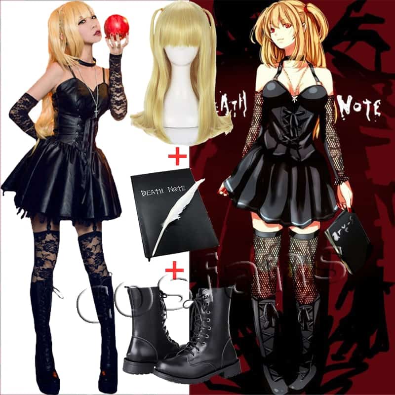 Death Note Misa Cosplay Costume Misa Amane Imitation Leather Sexy Dress +gloves+stockings+necklace Uniform Outfit Cosplay Wigs 1