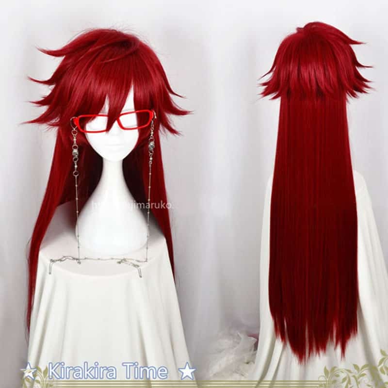 Hot Kuroshitsuji Black Butler Grell Sutcliff Red Hair Wig, Long Heat Resistant Costume With Skull Chain Glasses 1