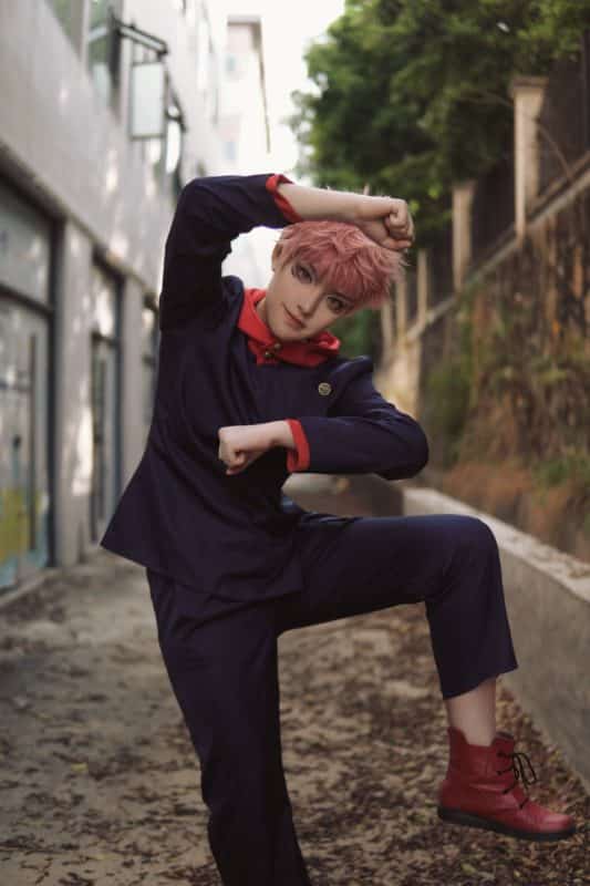 Anime Jujutsu Kaisen Cosplay Yuji Itadori Cosplay Costume Uniform Jujutsu Kaisen Yuji Itadori Pink Black Short Hairs Wig Shoes 6
