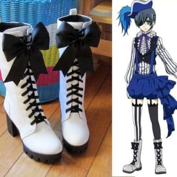 New Anime Black Butler Ciel Phantomhive Circus Cosplay Boots Lace-up High Heels Cosplay Shoes for Women/Men White Size 35-43 1