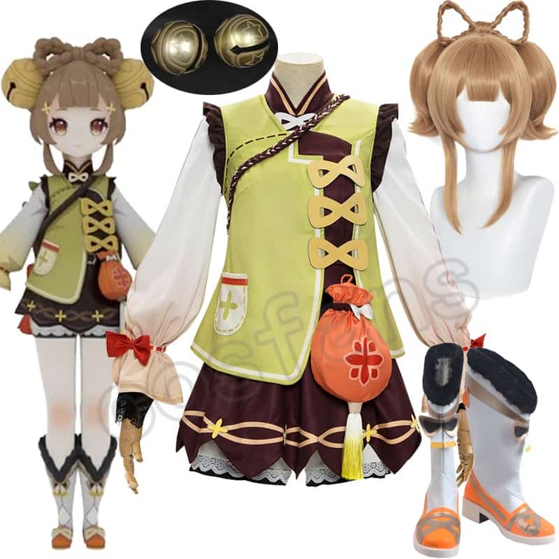 Game Genshin Impact YaoYao Skin Lolita Dress Cute Uniform Loli Outfit Cosplay Costume Women Halloween Yaoyao Cosplay Wig Shoes 1