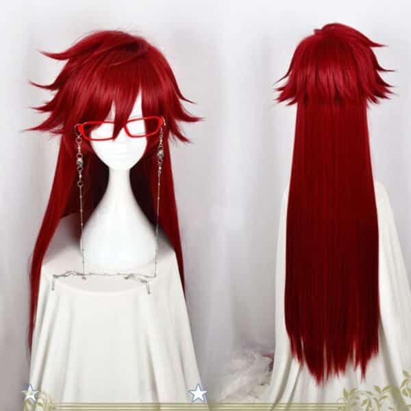 Kuroshitsuji Black Butler Grell Sutcliff Red Long Straight Heat Resistant Hair Cosplay Costume Wig + Skull Chain Glasses 1