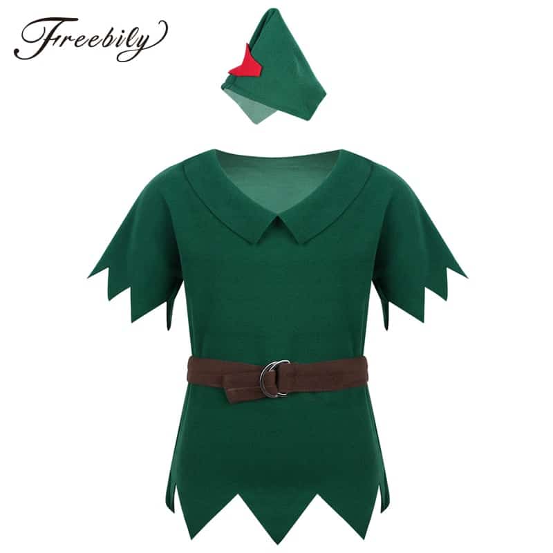 New Arrival Kids Boys Peter Pan Costumes T-shirt with Hat Belt Halloween Cosplay Party Boy for Fancy Carnival Role Play Clothing 1
