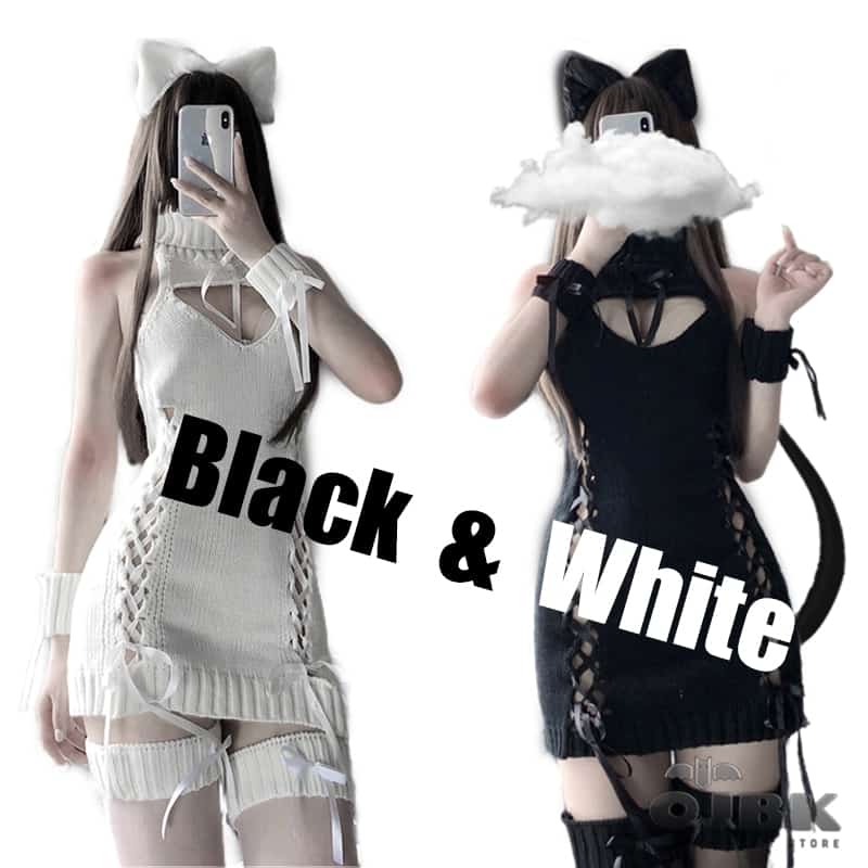 OJBK Anime Cat Cosplay Costumes Sexy Sweater Open Chest Back Hollow Ribbon Strap Top White Sheep Kitty 2020 New Arrival Dropship 1