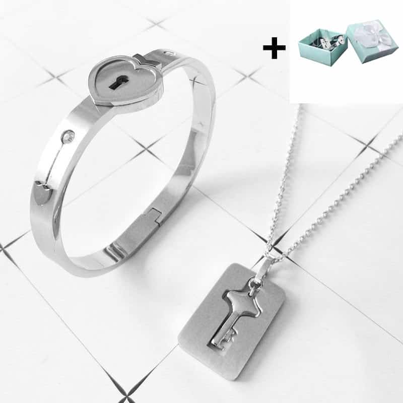 A Couple Lovers Jewelry Love Heart Lock Bracelet Stainless Steel Bracelets Bangles Key Pendant Necklace Jewelry With Gift Box 1