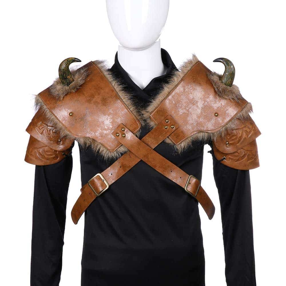 Medieval Warrior Women Armour Costume Cosplay LARP Adult PU Leather Brown Fur Viking Shoulder Armor with Horn 1