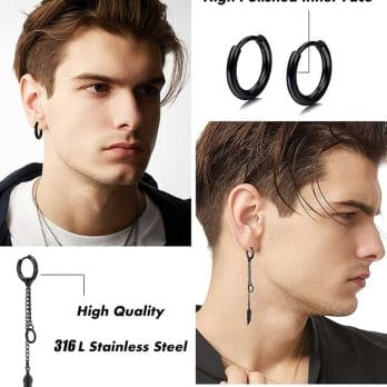 1 Pair 316L Stainless Steel Black Earrings for Men Women Cool Punk Eboy Stud Dangle Earring Set Black Feather Hinged Earrings 3