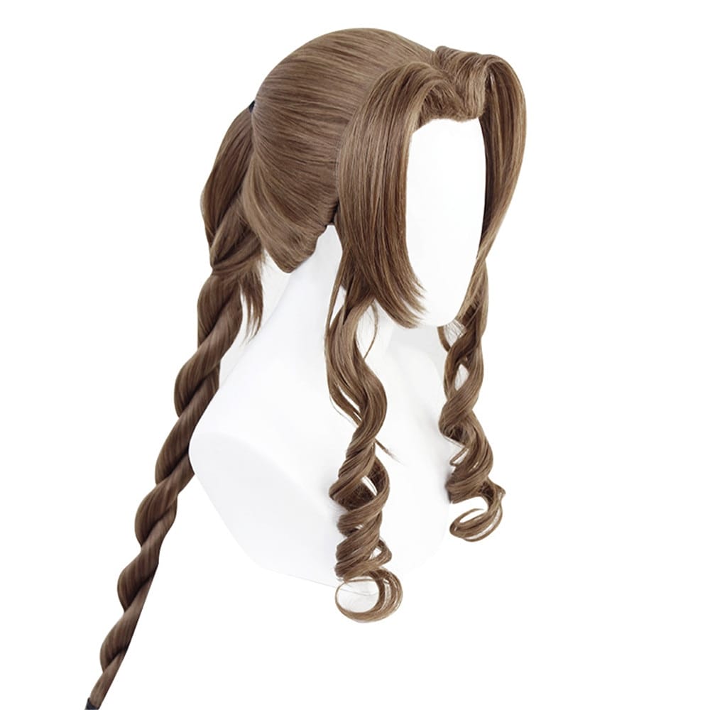 Final Fantasy VII Cosplay FF7 Aerith Gainsborough Wigs Cosplay Heat Resistant Synthetic Hair Brown Cosplay Wig + Free Wig Cap 4