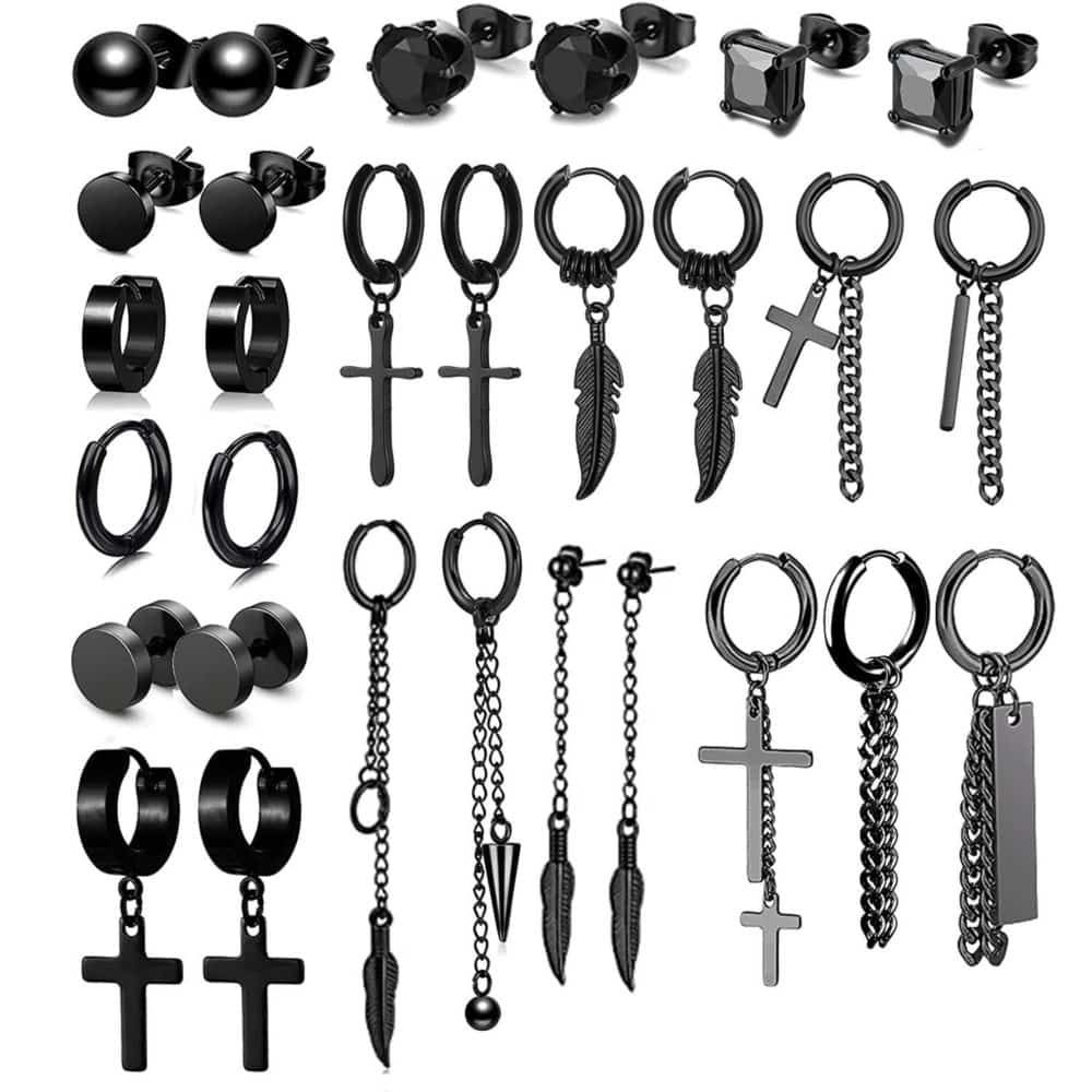 1 Pair 316L Stainless Steel Black Earrings for Men Women Cool Punk Eboy Stud Dangle Earring Set Black Feather Hinged Earrings 1