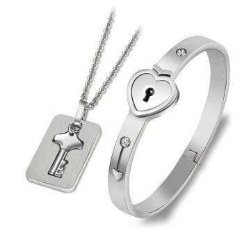 A Couple Lovers Jewelry Love Heart Lock Bracelet Stainless Steel Bracelets Bangles Key Pendant Necklace Jewelry With Gift Box 2