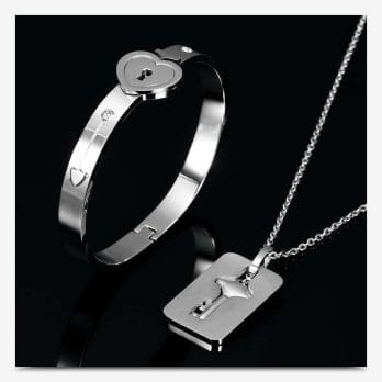 A Couple Lovers Jewelry Love Heart Lock Bracelet Stainless Steel Bracelets Bangles Key Pendant Necklace Jewelry With Gift Box 3