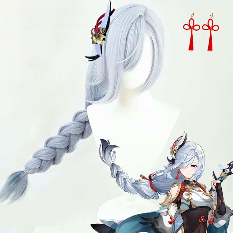 Game Genshin Impact Shenhe Cosplay Wig Blue White Color Long Braids Headwear Heat Resistant Synthetic Hair 1