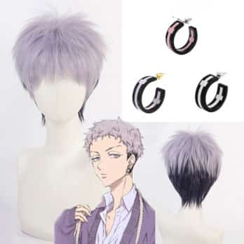 Anime Tokyo Revengers Cosplay Wig With Earrings Takashi Mitsuya Cosplay Short Gray Purple Ombre Wig Cosplay Hair Wig + a wig cap 1