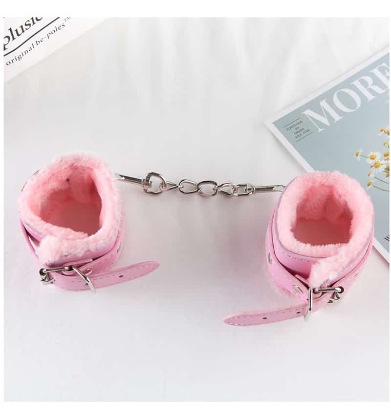 Sexy Adjustable Black Pink SM PU Leather Retro Handcuffs Fluffy Restraints BDSM Bondage Slave Adult Sex Cosplay Toys For Woman 4