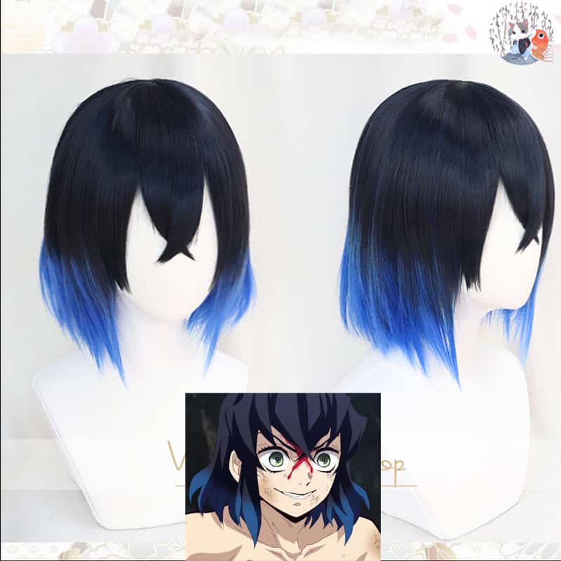 Hashibira Inosuke Short Blue Ombre Wig Demon Slayer Kimetsu no Yaiba Heat Resistant Hair Cosplay Costume Wigs + Free Wig Cap 1