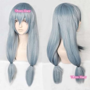 Jujutsu Kaisen Mahito Cosplay Wig Light Gray Blue Clip Ponytail Heat Resistant Hair three braid And Horsehair + a wig cap 4