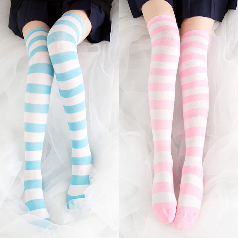 Long Stripe Adorable Anime Tight High Over Knee Pink Blue White For Women Girl Cosplay Student Kawaii Lolita Cotton Stocking 2