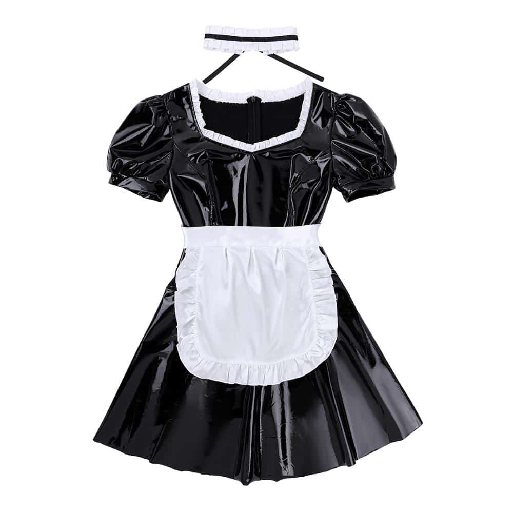 Women's French Maid Fancy Cosplay Costume Outfit Patent Leather Dress with Apron and Choker  Role Play Games Dress Up Clothing 2