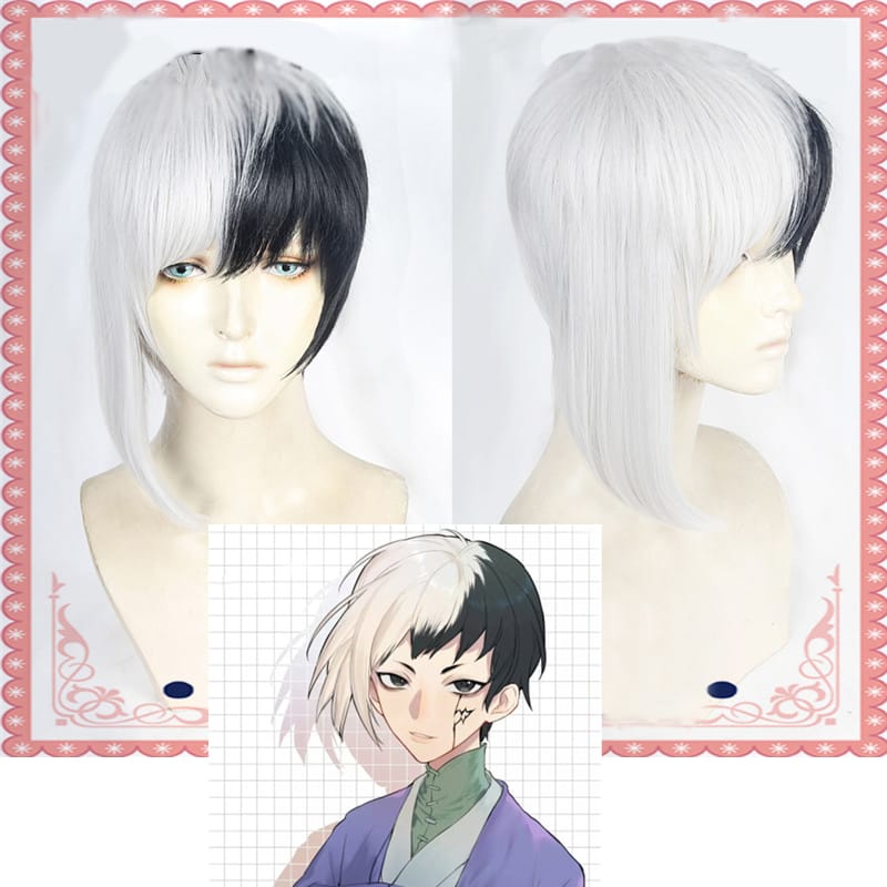 New Arrival Anime Dr.Stone Cosplay Asagiri Gen Black White Costume Wig Heat Resistance Fiber Synthetic Hair + Wig Cap 1