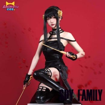 Anime Spy Family Yor Forger Cosplay Killer Assassin Gothic Halter Black Dress Outfit Cosplay Costume with Leather Stockings 2
